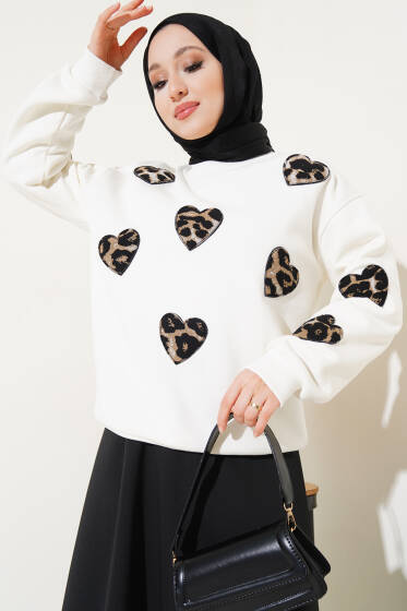 Leopar Kalpli Üç İplik Sweatshirt Ekru - Tunik