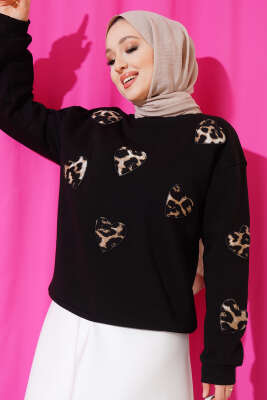 Leopar Kalpli Üç İplik Sweatshirt Siyah 