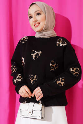 Leopar Kalpli Üç İplik Sweatshirt Siyah - Tunik