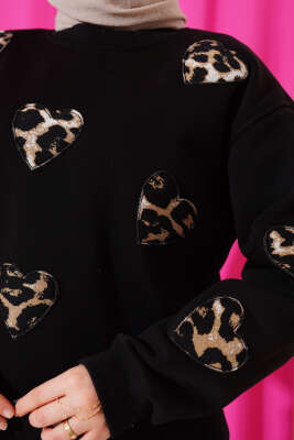 Leopar Kalpli Üç İplik Sweatshirt Siyah - Tunik