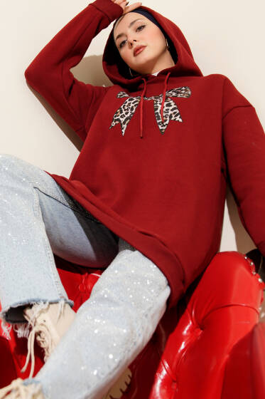 Leopar Kurdele Baskılı Üç İplik Sweatshirt Bordo - Tunik