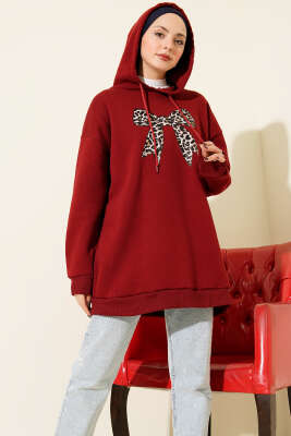 Leopar Kurdele Baskılı Üç İplik Sweatshirt Bordo - Tunik