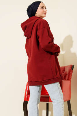 Leopar Kurdele Baskılı Üç İplik Sweatshirt Bordo - Tunik