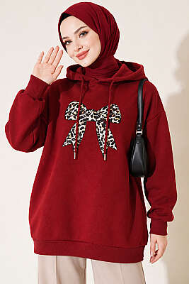 Leopar Kurdele Baskılı Üç İplik Sweatshirt Bordo - TEGOE