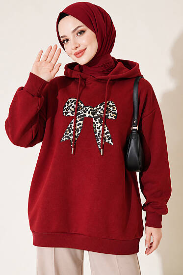 Leopar Kurdele Baskılı Üç İplik Sweatshirt Bordo - Tunik