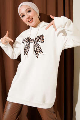 Leopar Kurdele Baskılı Üç İplik Sweatshirt Ekru 