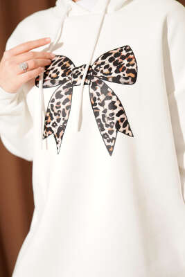 Leopar Kurdele Baskılı Üç İplik Sweatshirt Ekru - Tunik