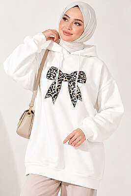 Leopar Kurdele Baskılı Üç İplik Sweatshirt Ekru - TEGOE