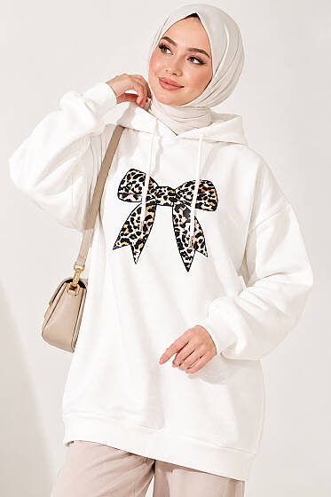 Leopar Kurdele Baskılı Üç İplik Sweatshirt Ekru - Tunik