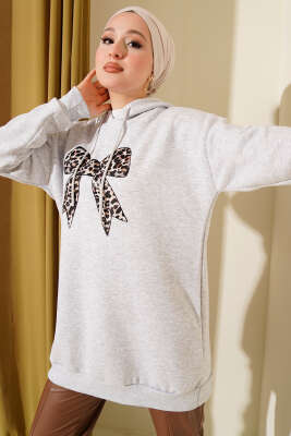 Leopar Kurdele Baskılı Üç İplik Sweatshirt Gri - TEGOE
