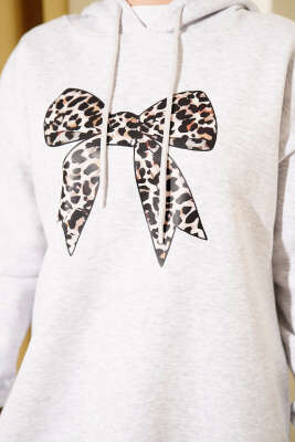 Leopar Kurdele Baskılı Üç İplik Sweatshirt Gri - Tunik