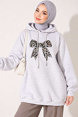 Leopar Kurdele Baskılı Üç İplik Sweatshirt Gri - TEGOE
