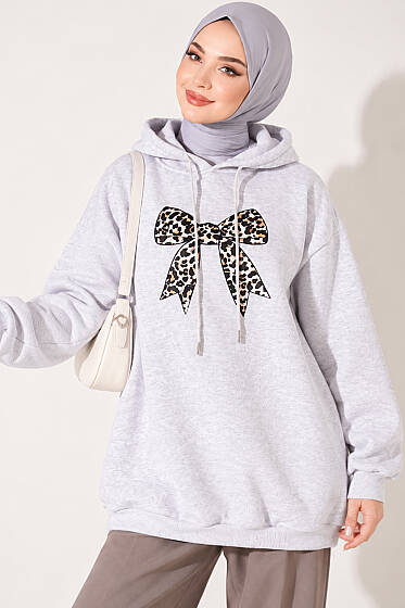 Leopar Kurdele Baskılı Üç İplik Sweatshirt Gri - Tunik