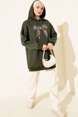 Leopar Kurdele Baskılı Üç İplik Sweatshirt Haki - Tunik