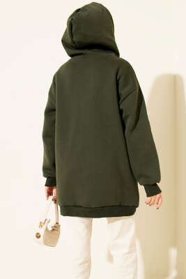 Leopar Kurdele Baskılı Üç İplik Sweatshirt Haki - Tunik