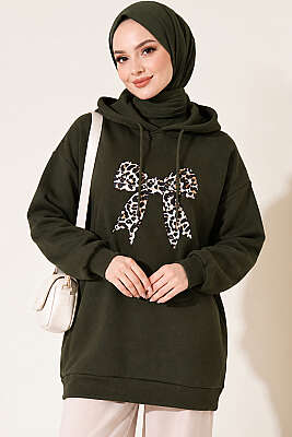 Leopar Kurdele Baskılı Üç İplik Sweatshirt Haki - TEGOE