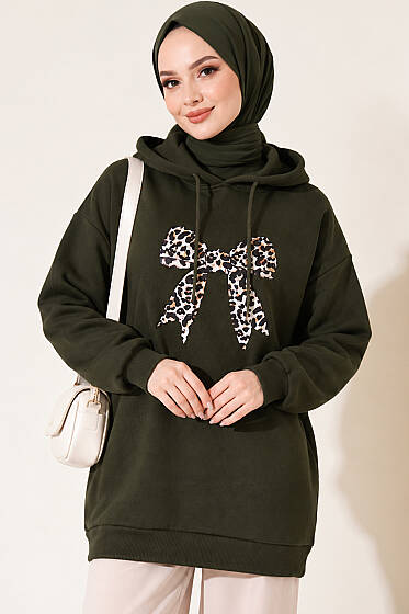 Leopar Kurdele Baskılı Üç İplik Sweatshirt Haki - Tunik
