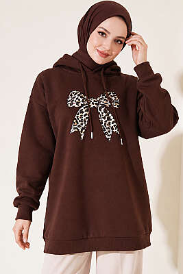 Leopar Kurdele Baskılı Üç İplik Sweatshirt Kahve - TEGOE