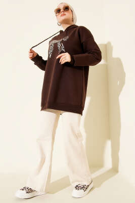 Leopar Kurdele Baskılı Üç İplik Sweatshirt Kahve - Tunik