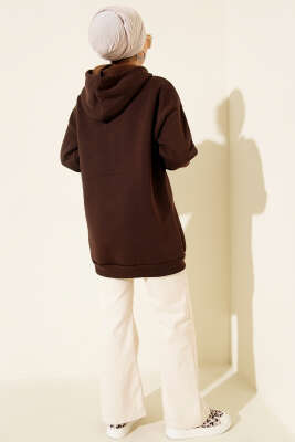 Leopar Kurdele Baskılı Üç İplik Sweatshirt Kahve - Tunik