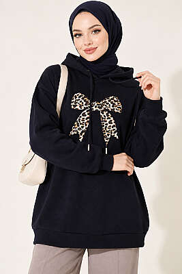 Leopar Kurdele Baskılı Üç İplik Sweatshirt Lacivert - TEGOE