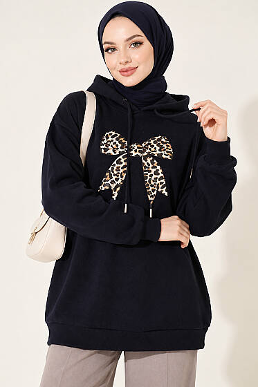 Leopar Kurdele Baskılı Üç İplik Sweatshirt Lacivert - Tunik