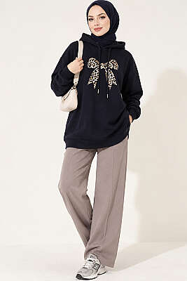 Leopar Kurdele Baskılı Üç İplik Sweatshirt Lacivert - Tunik