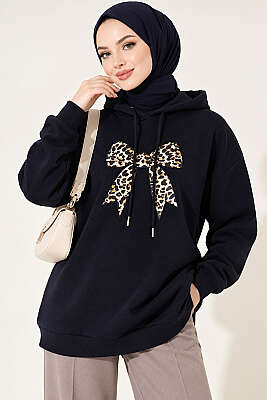 Leopar Kurdele Baskılı Üç İplik Sweatshirt Lacivert - Tunik