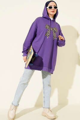 Leopar Kurdele Baskılı Üç İplik Sweatshirt Mor - Tunik