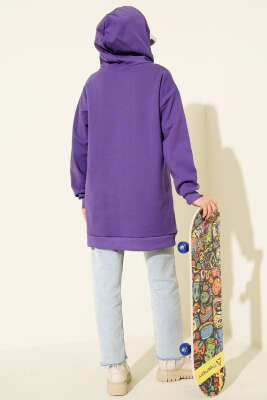 Leopar Kurdele Baskılı Üç İplik Sweatshirt Mor - Tunik