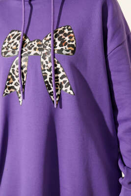 Leopar Kurdele Baskılı Üç İplik Sweatshirt Mor - Tunik