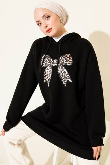 Leopar Kurdele Baskılı Üç İplik Sweatshirt Siyah - Tunik