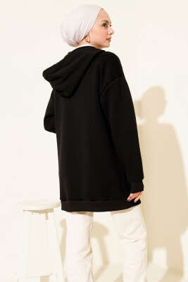 Leopar Kurdele Baskılı Üç İplik Sweatshirt Siyah - Tunik