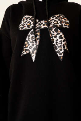 Leopar Kurdele Baskılı Üç İplik Sweatshirt Siyah - Tunik