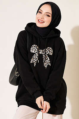 Leopar Kurdele Baskılı Üç İplik Sweatshirt Siyah - TEGOE