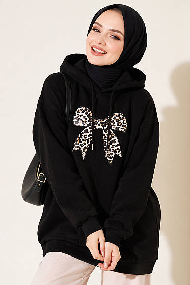 Leopar Kurdele Baskılı Üç İplik Sweatshirt Siyah - Tunik