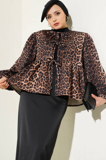 Leopar Önü Bağlamalı Gömlek Taba - Gömlek