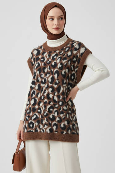 Leopar Sakallı Triko Süveter Kahve - Triko