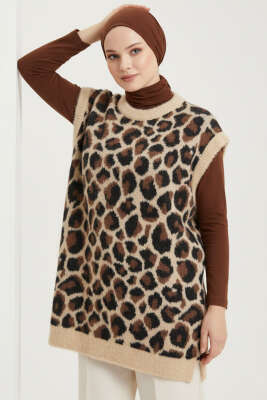Leopar Sakallı Triko Süveter Latte 