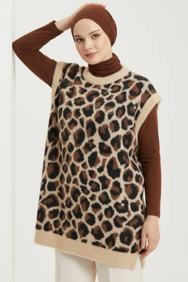 Leopar Sakallı Triko Süveter Latte - Triko