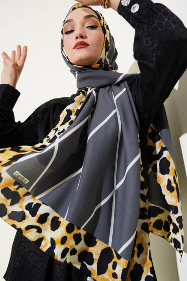 Leopar Şeritli Çizgili Medine Şal Füme - Başörtüsü