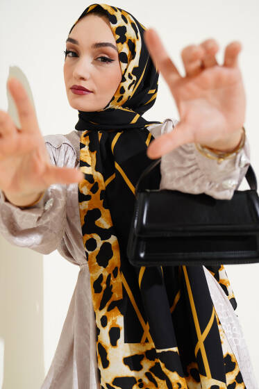 Leopar Şeritli Çizgili Medine Şal Siyah Hardal - Başörtüsü