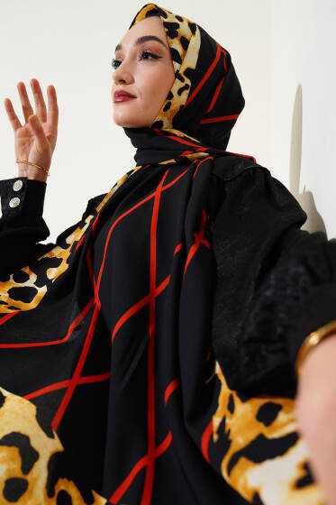 Leopar Şeritli Çizgili Medine Şal Siyah Kiremit - Başörtüsü