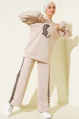 Leopar Şeritli İkili Scuba Takım Bej - TEGOE