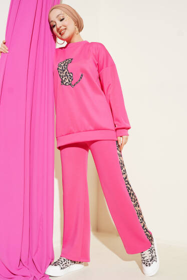 Leopar Şeritli İkili Scuba Takım Fuşya - Günün Seçilenleri