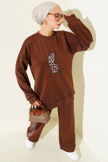 Leopar Şeritli İkili Scuba Takım Kahve - İkili Takım