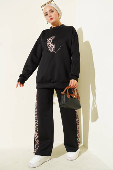 Leopar Şeritli İkili Scuba Takım Siyah - İkili Takım