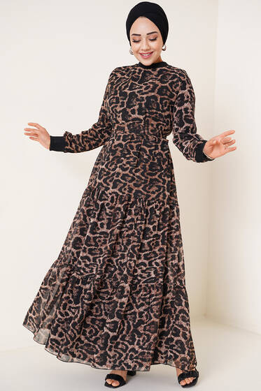 Leopar Şifon Elbise - Tesettür Elbise