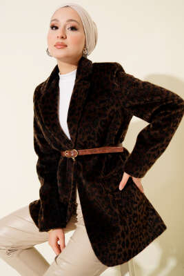 Leoparlı Kemerli Goldfox Ceket Acı Kahve - BERAT TEKSTİL