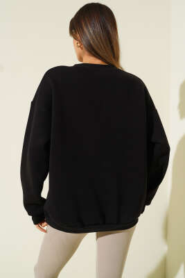 Leoparlı Nakışlı Şardonlu Sweatshirt Siyah - Kadın Giyim Modelleri